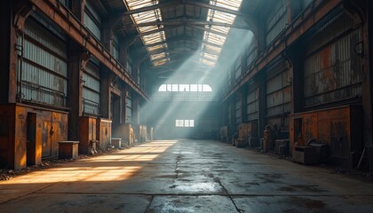 Obraz premium Vast empty industrial warehouse interior. Sunlight streams through skylights illuminating concrete floor. Large metal structure shows signs of rust and wear, industrial background.
