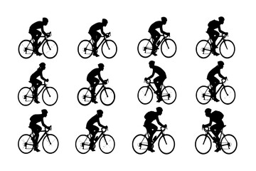 Obraz premium set of silhouettes of people riding bicycle. cyclist side view. isolated on a background. vector set 