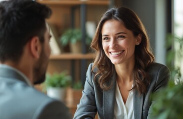 Woman smiles during job interview in modern office. Candidate meets employer, discusses career opportunity. Meeting in corporate workplace, professional setting, hiring process.