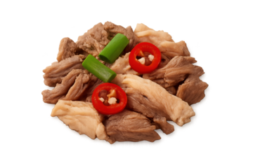 Assorted sliced cooked meat topped with red chili rings and green onions on transparent background