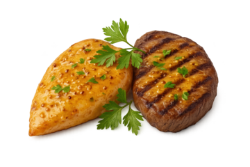 Two grilled meats, chicken breast and beef steak, garnished with parsley