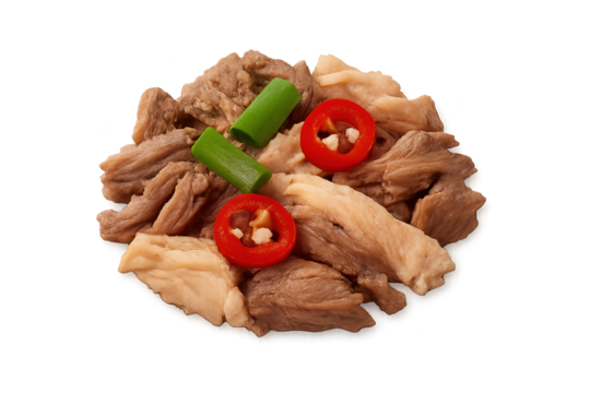 Assorted sliced cooked meat topped with red chili rings and green onions on transparent background