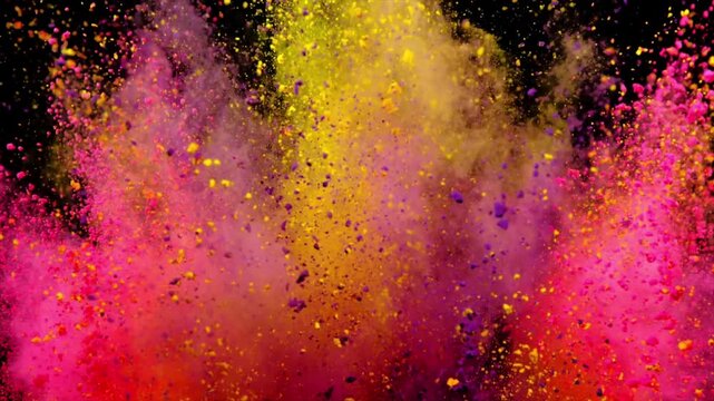 vibrant color explosion in slow motion with a dynamic rainbow burst on a deep black background
