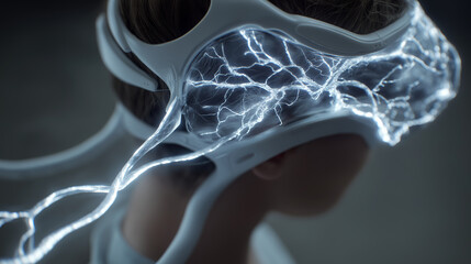 Advanced neural interface headset connecting glowing neuron pathways to a user’s brain signals in real time.