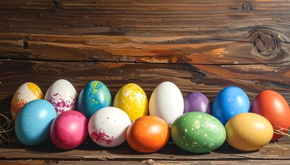 Colorful, painted eggs arranged on a rustic, weathered wooden background, Easter-themed