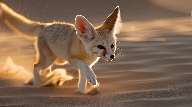 Fennec Fox Leaping Over Desert Sand Dunes at Sunset Golden Hour