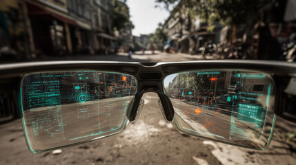 Augmented reality glasses POV showing holographic navigation markers and floating digital objects overlaying the real world.