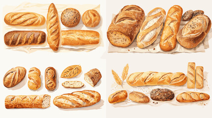 Artisan bread assortment in watercolor: baguettes, loaves and rolls with rustic crusts. Bakery clipart set for menus, packaging, cafe branding and culinary illustrations.