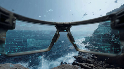 Augmented reality glasses POV showing holographic navigation markers and floating digital objects overlaying the real world.