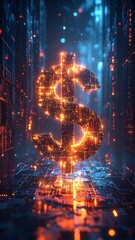 A luminous dollar symbol, rendered in glowing orange light, emerges from a digital, futuristic city scene