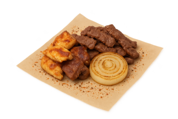 Assorted grilled meat skewers with onion slice on parchment, dusted with spices