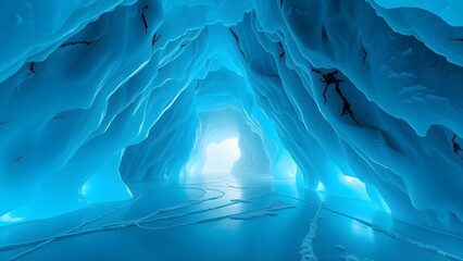 Glow of a stunning blue ice cave, illuminated by ethereal light, revealing nature's sculpted beauty and frozen wonders