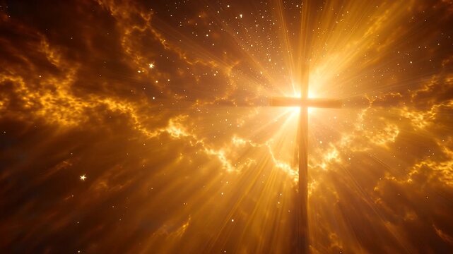 Glowing cross in golden clouds for christian joy. 4K Video