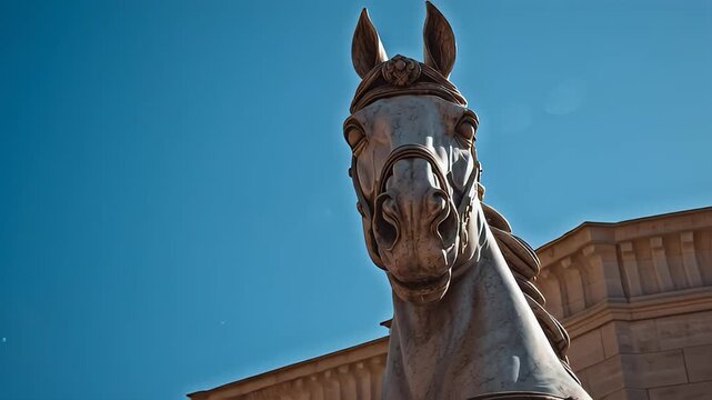 Close Up of Majestic Horse Statue Against Deep Blue Sky