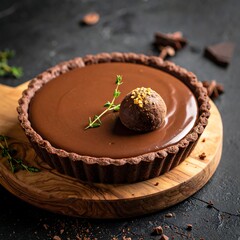 A luscious, dark chocolate tart with a shiny ganache, a single truffle, and a sprig of herb, set on wood