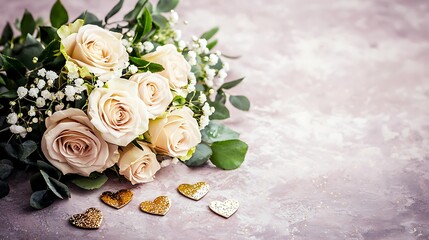Elegant floral composition featuring metallic golden roses and shining hearts over pastel pink tone
