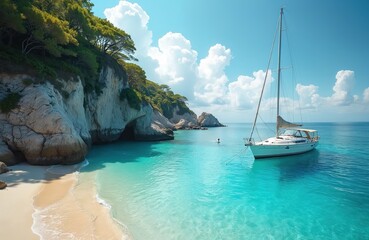 A sailboat anchored in serene cove. Turquoise water meets sandy beach near cliffs and green vegetation. Clear blue sky with white clouds gives vacation vibes. Person swims in distance.