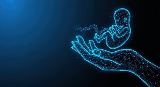 Abstract glowing fetus held gently by digital hands