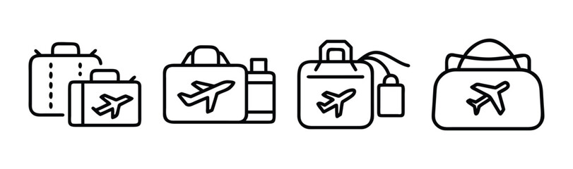 Set of four travel pouches and bags with airplane icons for luggage and travel organization