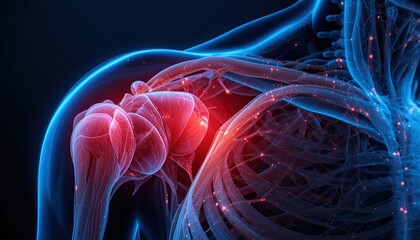 Detailed shoulder anatomy with glowing nerves for medical illustration, visualizing pain relief and treatments in sleek, modern design for healthcare marketing