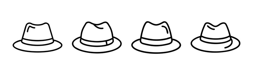 Four identical trilby hats in a row representing a selection or pattern of headwear