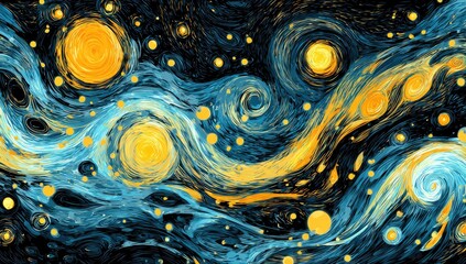 Swirling blue and gold night sky, full of bright stars and cosmic energy