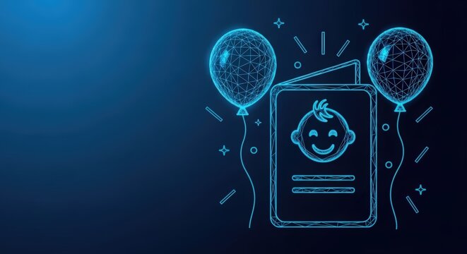 Blue geometric baby invitation card with balloon