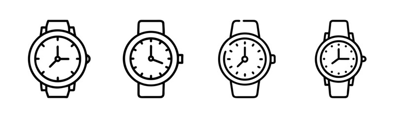 Set of four simple line art wristwatches showing different times with watch bands
