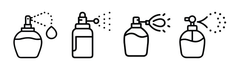 Collection of four minimalist outline icons representing perfume atomizers dispensing liquid droplets