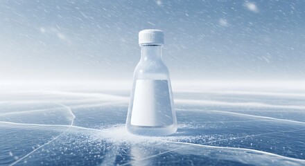 Frosted bottle with a blank white label on a frozen lake with cracked ice during a snowstorm.