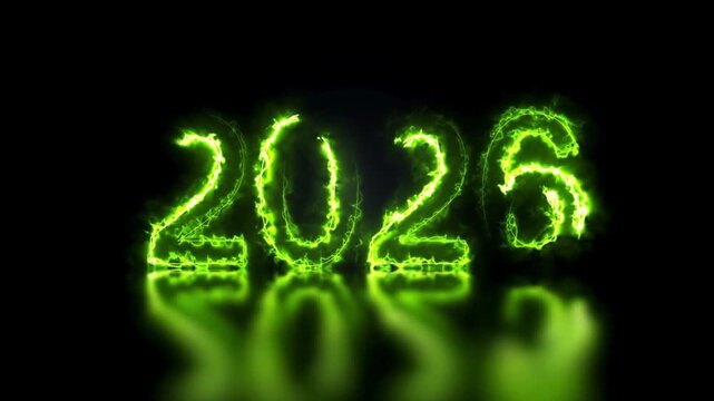 Dynamic Electric Green Neon Year 2026 Display on Black Reflective Surface - Futuristic Technology Overlay