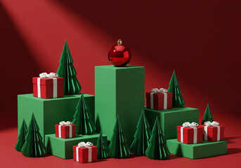 Christmas product composition featuring multiple green geometric podiums, red and white gifts, paper-cut trees, and a shiny red ornament against a vibrant red background.