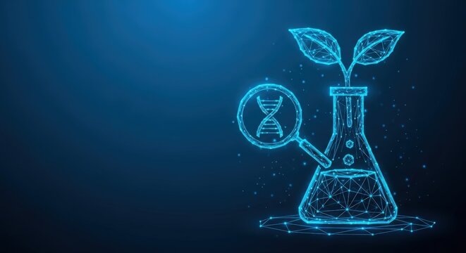 Digital science concept with plant dna and magnifying glass