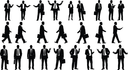 Professional business people silhouettes collection, corporate men and women in formal attire, walking gesturing and speaking poses, black and white vector illustration set.