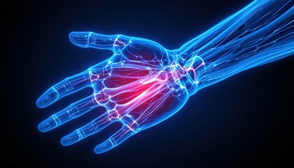 Stunning anatomical rendering of a hand with illuminated nerves and arteries, perfect for medical education or innovative healthcare marketing materials