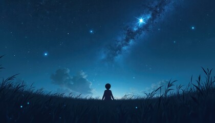 Fototapeta premium Child stands in grass field at night. Young boy looks up at starry sky with Milky Way. Person in silhouette against blue cosmos background with clouds and bright stars.