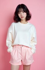 Obraz premium Young Korean woman poses in pastel outfit. Casual pastel sweater and shorts worn by an attractive asian girl. Stylish korean youth fashion, pastel aesthetic clothing.