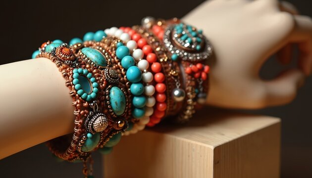 Mannequin hand displays multiple vibrant bracelets. Turquoise beads and ornate details adorn jewelry. Boho style fashion accessories. Editorial photo for jewelry stores or fashion blogs.