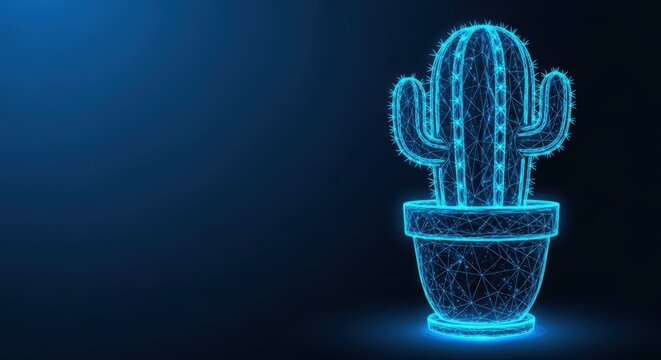 Glowing wireframe cactus in a pot on a dark background