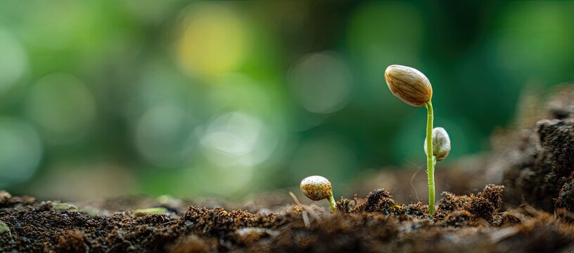 Tiny seedlings sprouting from soil with a soft green backdrop. Early life, natural growth