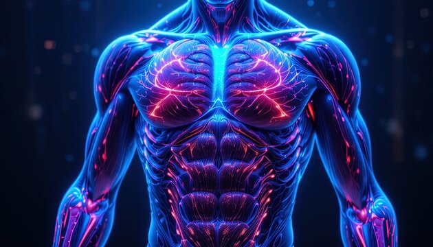 Striking anatomical rendering displaying human muscle structure and vascular system with vibrant blue and red hues on dark backdrop for medical illustration