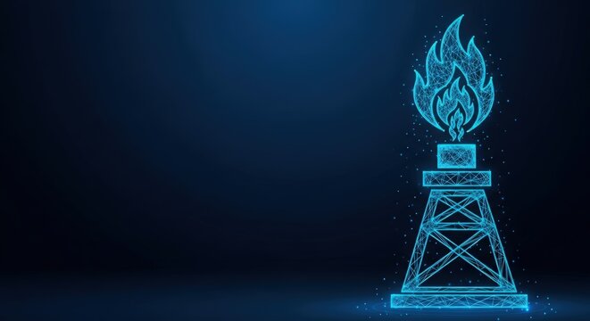 Industrial flare stack burning gas with blue digital flames