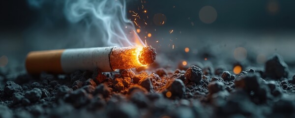 Burning cigarette stub glows in dark ash pile. Smoke drifts upward with sparks flying. Symbolizes harmful smoking habit destruction and cessation. Represents danger.