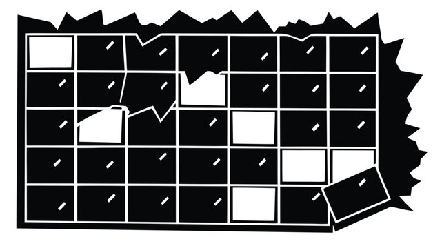 Broken calendar schedule grid, torn cells, missing elements, abstract vector