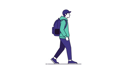 Fototapeta premium Stylized Side Profile Illustration of a Young Person Walking with a Backpack, Representing a Student or Traveler on a Journey through Urban Spaces or Campus