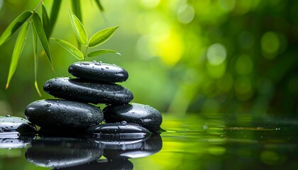 A stack of smooth, wet, dark stones balanced over reflective water, with a bamboo branch & green bokeh in the background. Tranquil scene