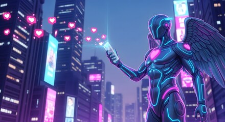 Futuristic angel with wings holding smartphone in neon cyberpunk cityscape