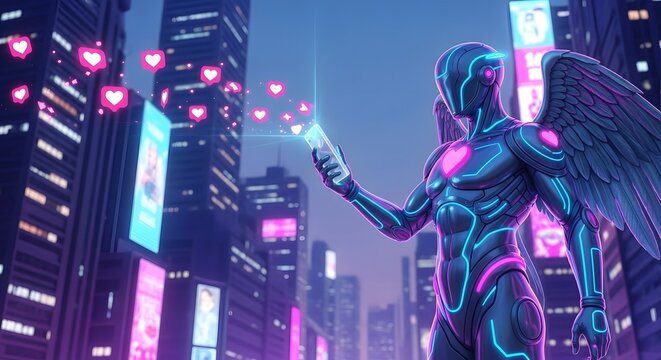 Futuristic angel with wings holding smartphone in neon cyberpunk cityscape