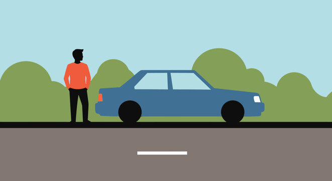 A lone person stands patiently by their vehicle on a tranquil roadside, suggesting a journey's pause or a moment of reflection in an open environment