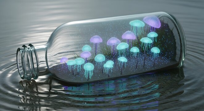 Glowing bioluminescent jellyfish trapped inside a glass bottle floating on water